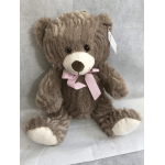 Brown teddy bear with a pink ribbon bow