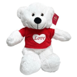 White teddy bear wearing a red shirt with a heart and the word Love
