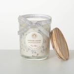 White lavender-scented candle in a glass jar with wood lid and gray ribbon