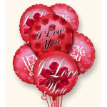 Cluster of red heart-shaped balloons with love messages