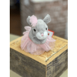 Small gray plush mouse in a pink tulle dress with a bow