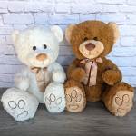 Two plush teddy bears with satin bows sitting side by side