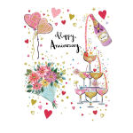 Anniversary card with balloons, flowers, and champagne glasses