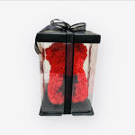 Red rose teddy bear in a clear gift box with a black ribbon
