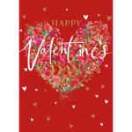 Valentine's Day card with a floral heart on a red background