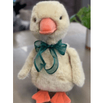 Plush duck with a teal ribbon bow around its neck