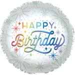 Round foil balloon with "Happy Birthday" text in rainbow colors
