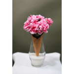 Pink carnations in a cone-shaped holder inside a glass vase