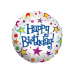 Round birthday balloon with colorful stars and dots