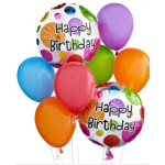 Birthday balloons in bright colors, including two "Happy Birthday" balloons