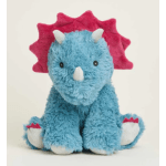 Blue plush triceratops toy with pink frill and white horns