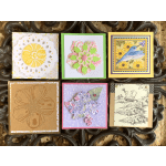 Six decorative handmade greeting cards arranged in a grid.