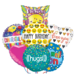 Assorted colorful message balloons including birthday, get well, love, and congratulations themes