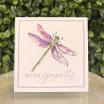 Square sympathy card with watercolor dragonfly and purple text