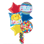 Cluster of colorful get well balloons with ribbon tails