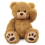 Brown teddy bear plush sitting with one paw raised