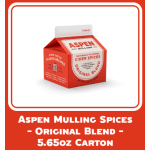 Carton of Aspen mulled cider spices on a white background