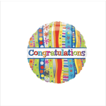 Round multicolor congratulations balloon with striped and star patterns