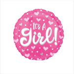 Pink round balloon with hearts and the words It's A Girl