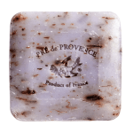 Square bar of lavender soap with speckled bits and printed text
