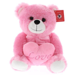 Pink teddy bear holding a heart with the word Love