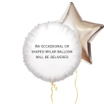 Two metallic balloons, one round white and one star-shaped champagne.