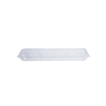 Clear plastic coffin-shaped floral container on a white background