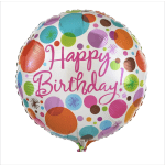 Round birthday balloon with colorful polka dots and pink text