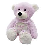 Pink teddy bear with "baby girl" text on its belly