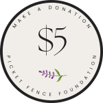 Round donation badge with "$5" and floral logo text