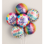 Cluster of colorful Happy Birthday balloons on white strings