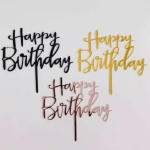 Three "Happy Birthday" cake toppers in black, gold, and rose gold