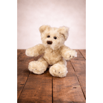 Cream teddy bear sitting on a wooden surface