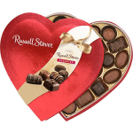 Heart-shaped box of assorted chocolates with a gold ribbon