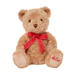 Light brown teddy bear with a red bow sitting upright on a white background