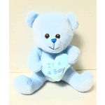 Light blue teddy bear holding a heart that says "It's a Boy"