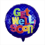 Round blue balloon with colorful "Get Well Soon" text