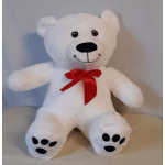 White teddy bear with a red ribbon bow