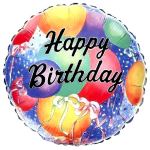 Round birthday balloon with colorful balloons and "Happy Birthday" text
