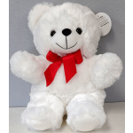 White teddy bear with a red ribbon bow