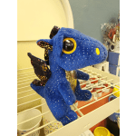 Blue plush dragon toy with glittery wings and large eyes