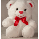 White teddy bear with a red bow and heart-shaped nose