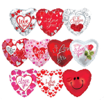 Assorted heart-shaped Valentine's balloons with love messages