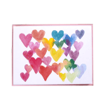 Greeting card with multicolored watercolor hearts on a white background