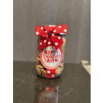 Jar of cookies tied with a red polka-dot bow and Valentine’s Day tag