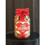 Jar of cookies tied with a red ribbon and Valentine’s Day label