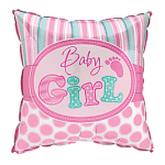 Pink and teal baby girl decorative pillow with polka dots