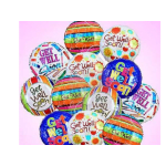 Cluster of colorful "Get Well Soon" balloons on a pink background.