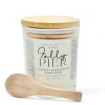 A scented candle in a glass jar with a wooden lid and spoon.