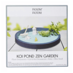 Boxed koi pond zen garden kit with blue tray, blue sand, rake, figurines, and faux succulent decor.